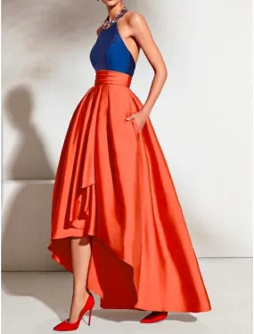 A-Line Prom Dresses Color Block Dress Wedding Guest Formal Evening Asymmetrical Sleeveless Halter Neck Satin with Pleats