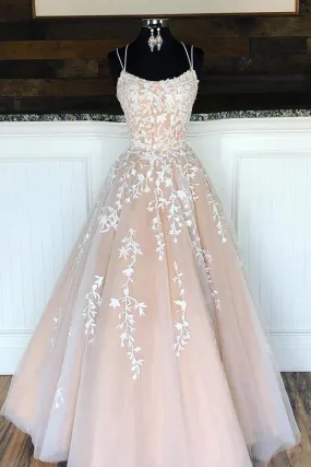 A-line Round Neck Tulle Lace Prom Dresses Formal Dresses