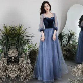 A Line Velvet Tulle Prom Dress Navy Formal Party Dress 687