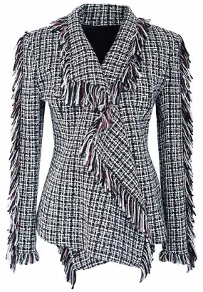 Asymmetric Fringed Tweed Jacket