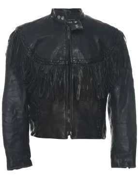 Black Classic Fringed Leather Jacket - M