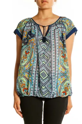 Blue Multicolor Paisley Print Peasant Top