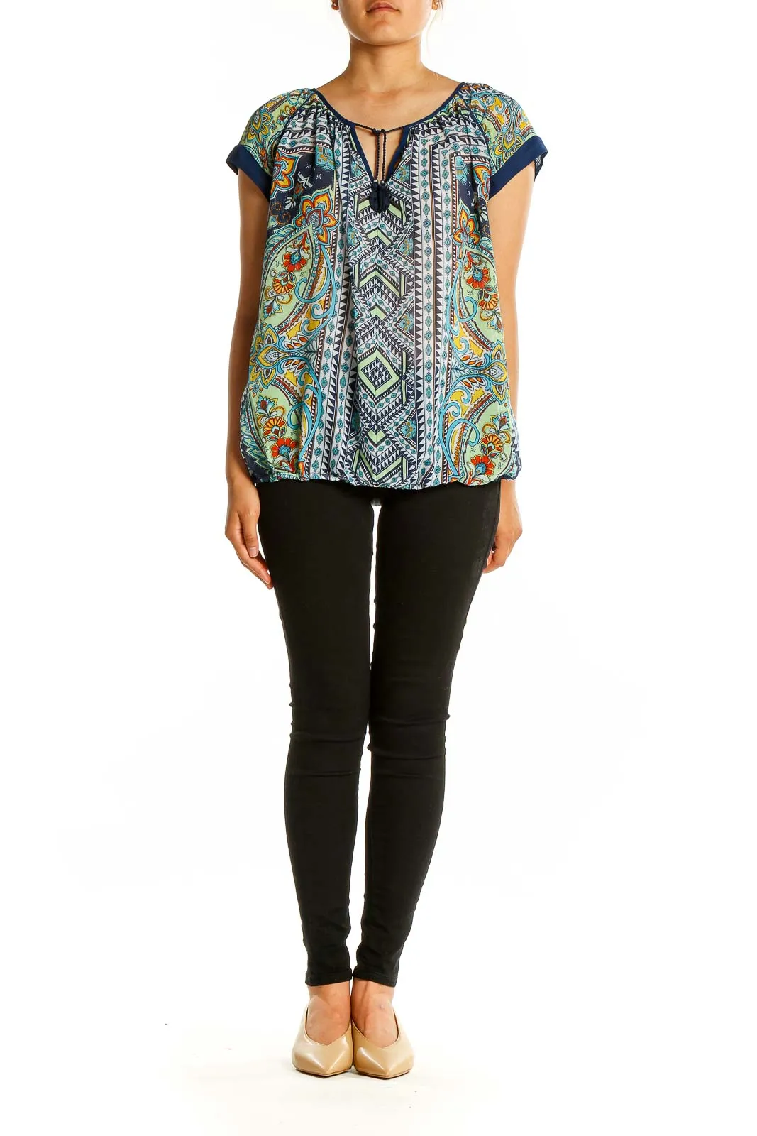 Blue Multicolor Paisley Print Peasant Top