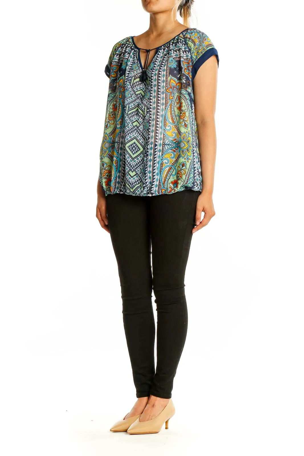 Blue Multicolor Paisley Print Peasant Top