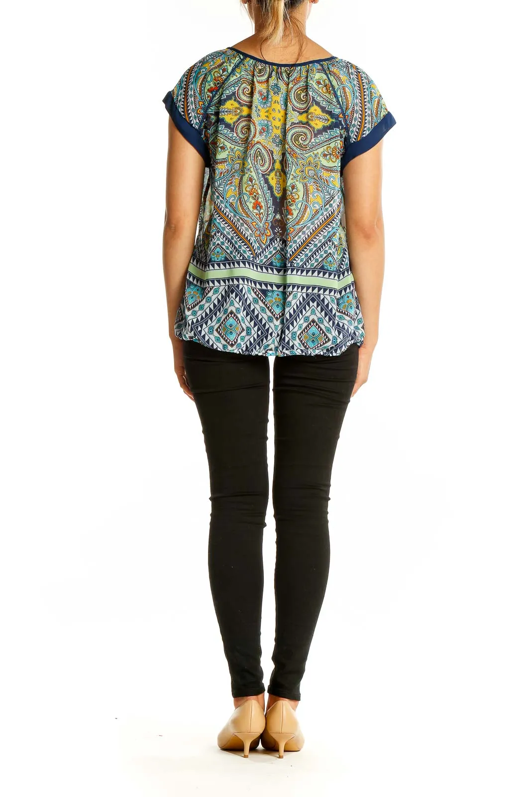 Blue Multicolor Paisley Print Peasant Top