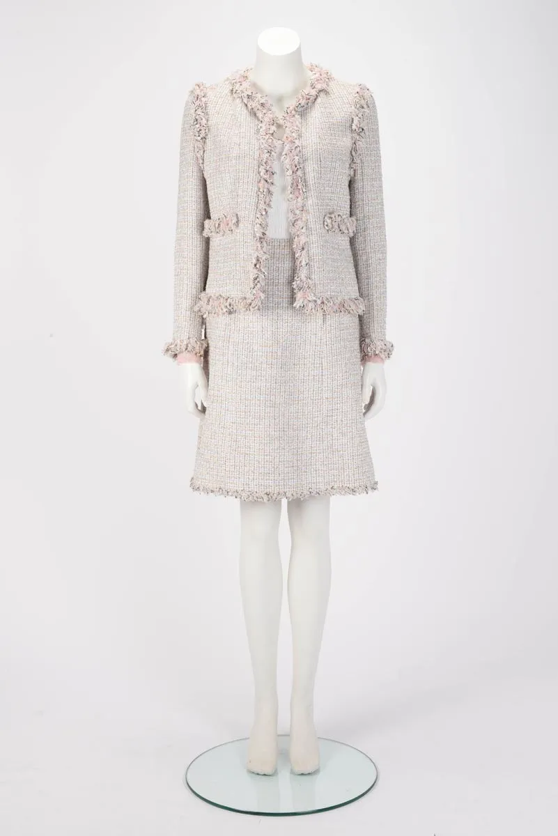 Chanel Pastel Fantasy Tweed Fringed Skirt Suit FR 42