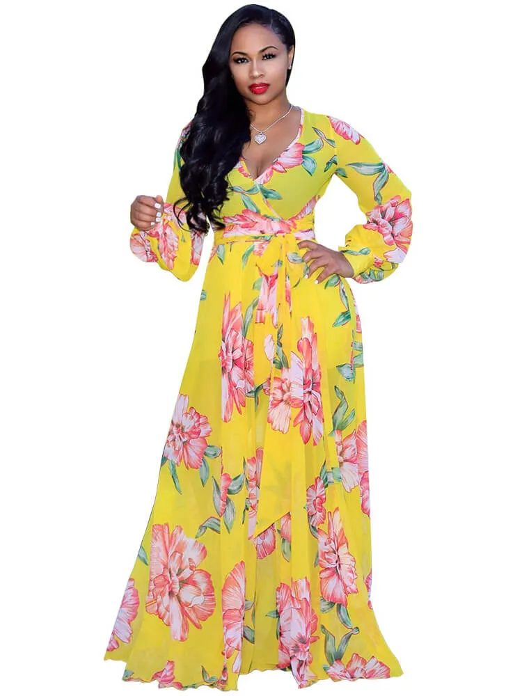 Chiffon Floral Printed V Neck Wrap Boho Maxi Dresses