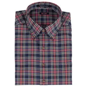 'Conway' Navy Tartan Plaid Beyond Non-Iron® Cotton Twill Sport Shirt (Size Large) by Batton