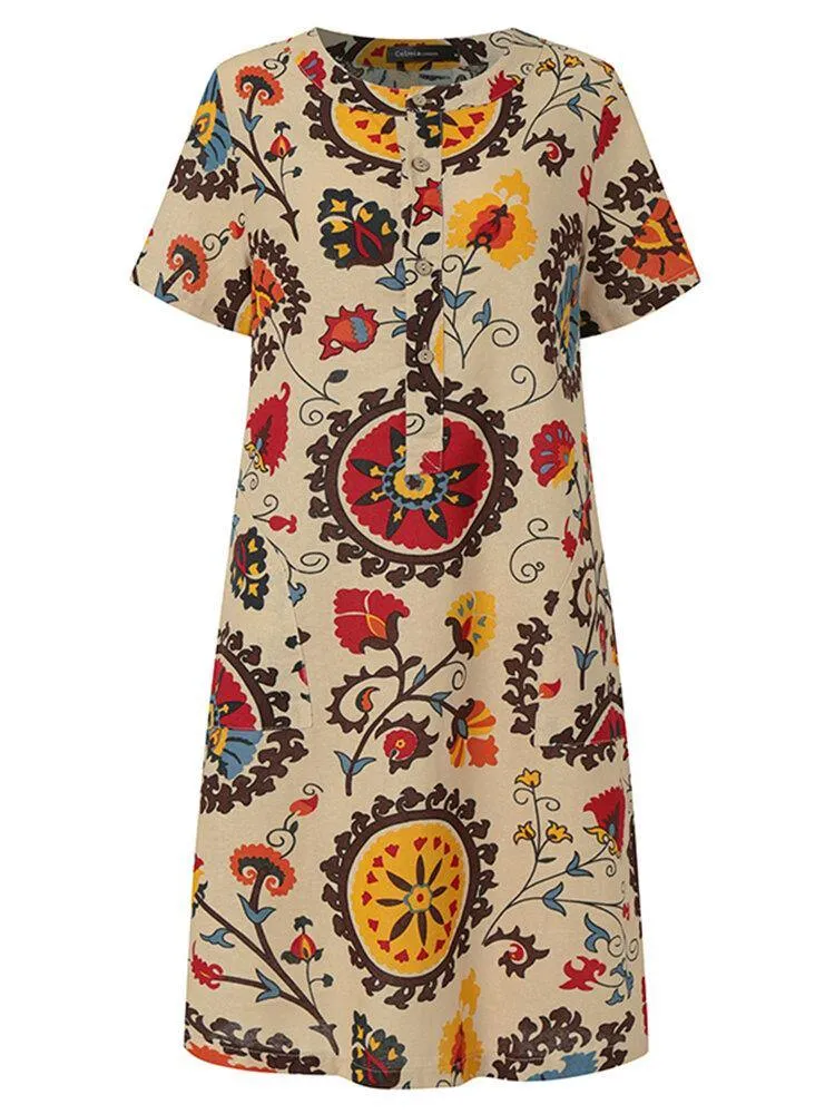 deanwangkt Women Ethnic Style Floral Print Short Sleeve Half Button Front Vintage Dresses