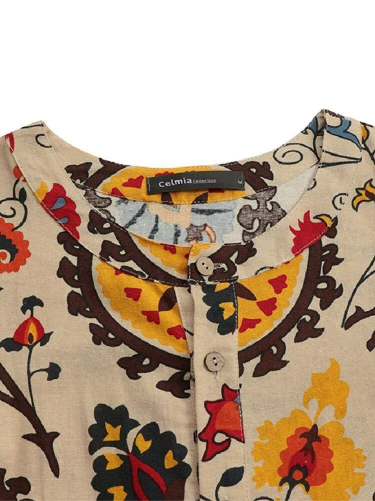 deanwangkt Women Ethnic Style Floral Print Short Sleeve Half Button Front Vintage Dresses