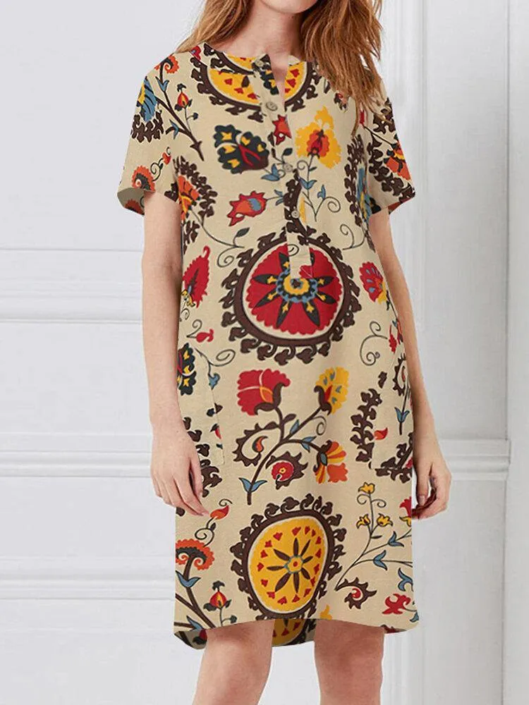 deanwangkt Women Ethnic Style Floral Print Short Sleeve Half Button Front Vintage Dresses