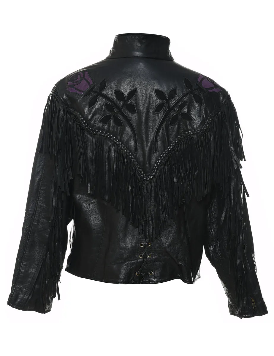 Fringed Black & Purple Floral Design Leather Jacket - L