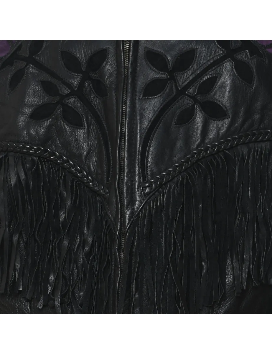 Fringed Black & Purple Floral Design Leather Jacket - L