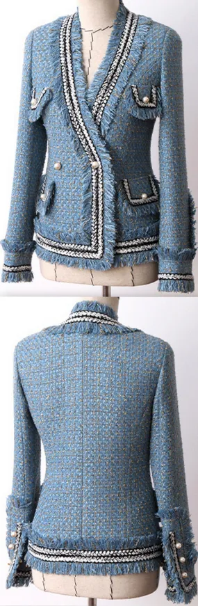 Fringed Tweed Jacket, Blue