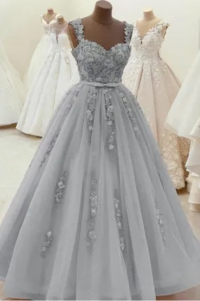 Gorgeous Sweetheart Neck Beaded Gray Floral Lace Grey Floral Lace Gray Prom Dresses