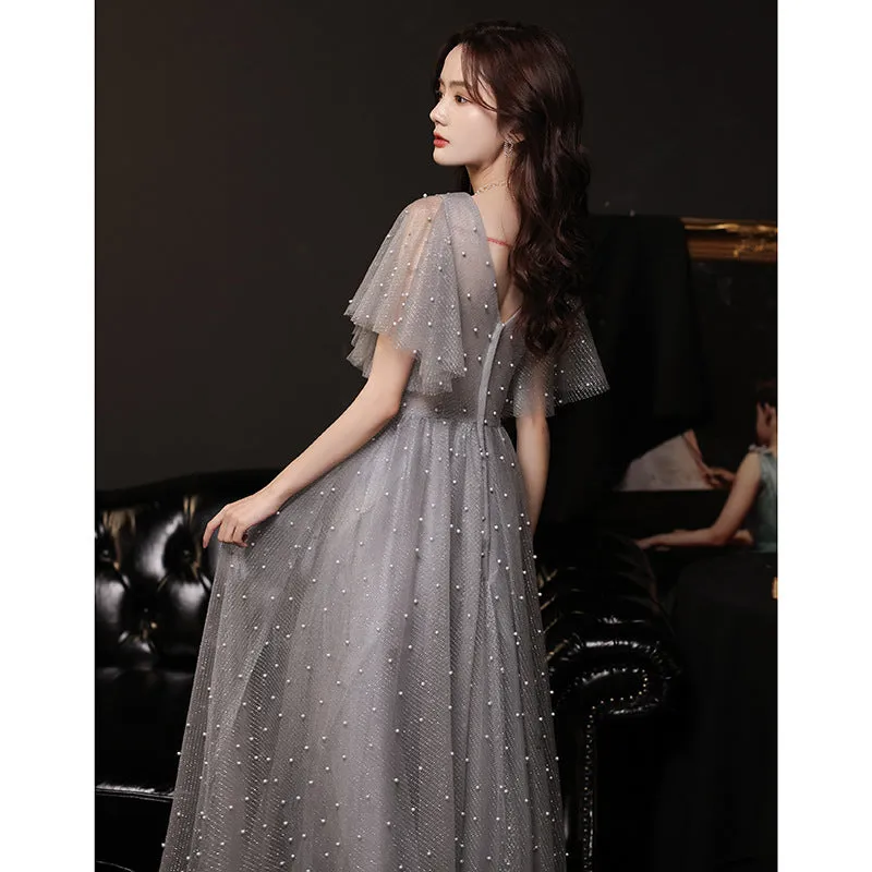 Gray Beaded V Neck A Line Long Prom Dress Cute Formal Party Gown  551