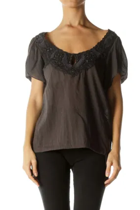 Gray Lace-Trimmed Peasant Top