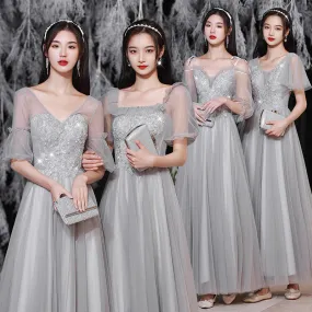 Gray Tulle Long Prom Dress A Line Bridesmaid Dress Formal Evening Gown Party Dress 554