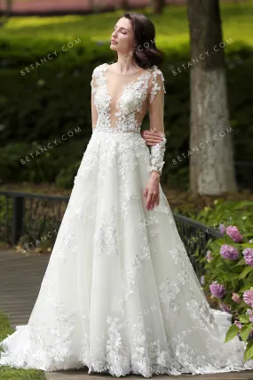 Illusion 3D Lace Flowers Luxuriant Wedding Ball Gown