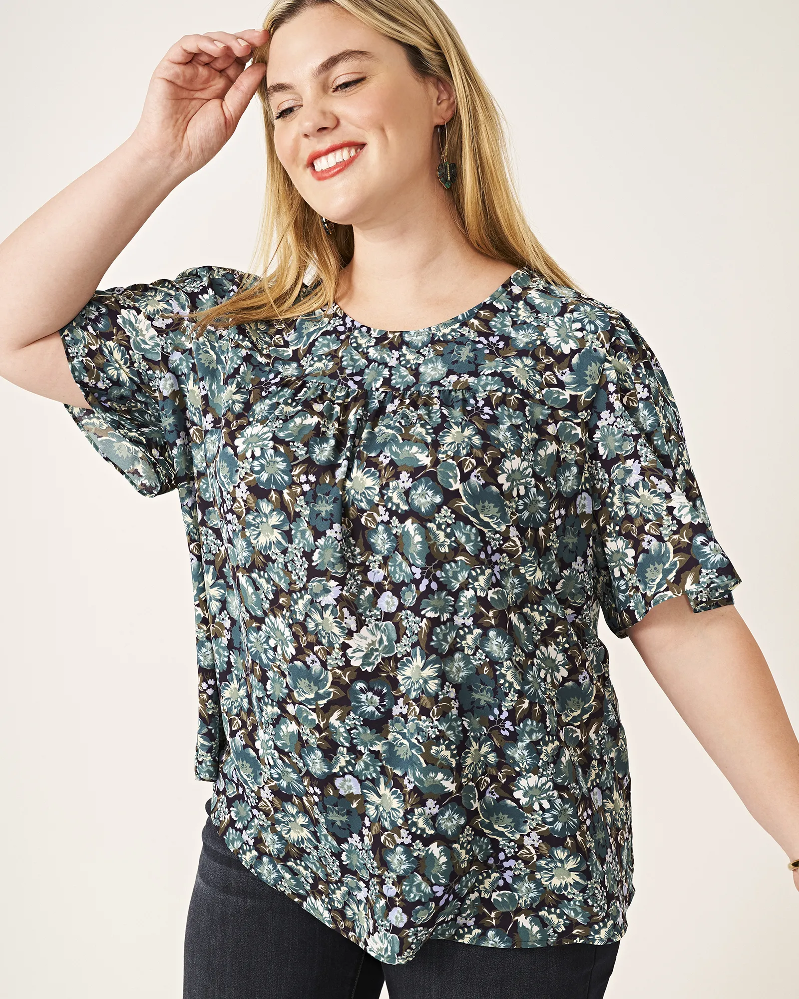 Kelsey Printed Peasant Blouse | Kelly Green / Navy