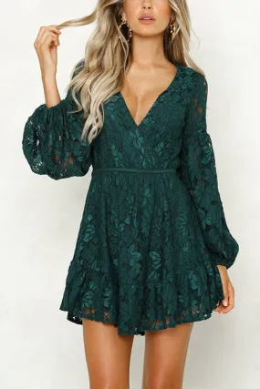 Lace V Neck Puff Sleeve Mini Dress