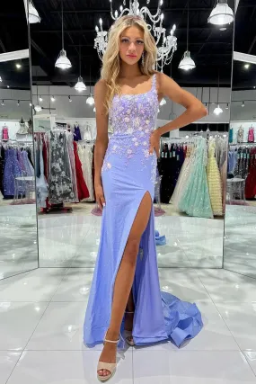 Lilac Floral Appliques Square Neck Mermaid Prom Dresses with Slit