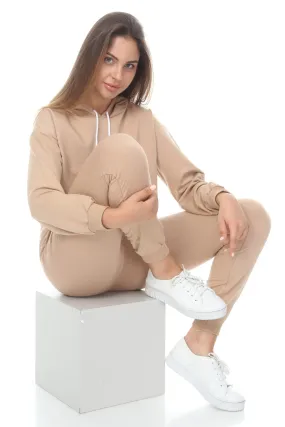 LOVE LOGO HOODIE CROPPED TOP JOGGERS 3 PIECE BEIGE LOUNGE SET