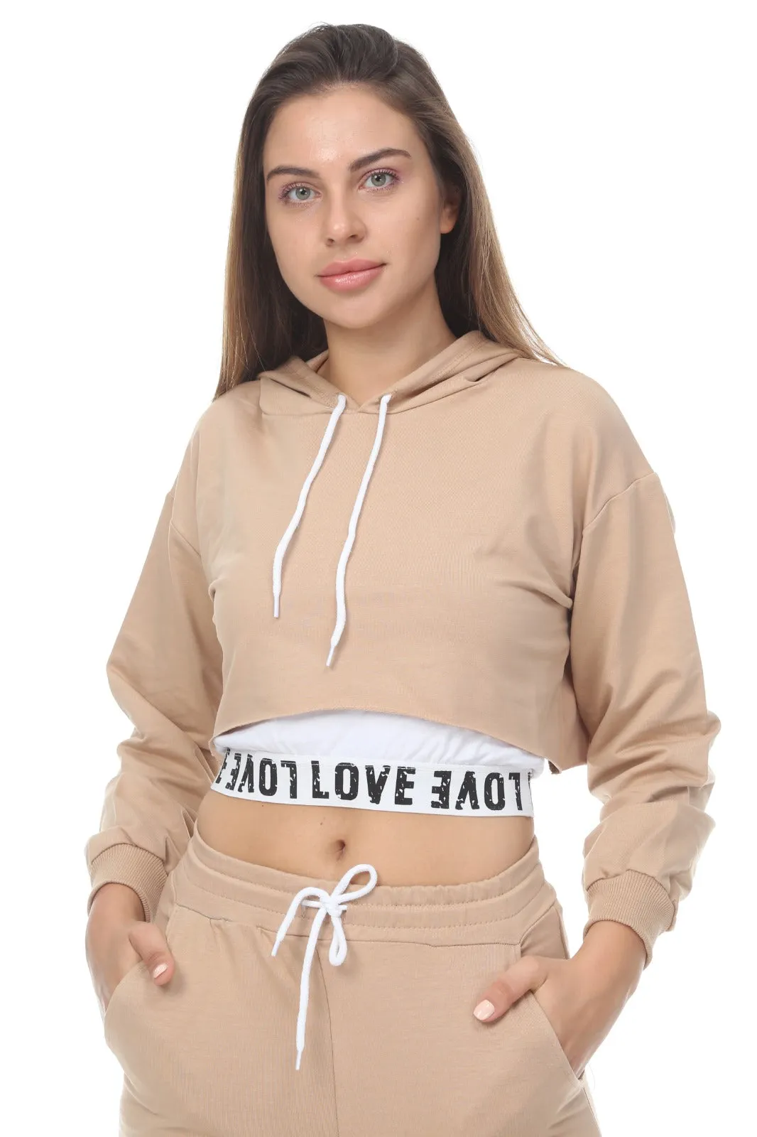 LOVE LOGO HOODIE CROPPED TOP JOGGERS 3 PIECE BEIGE LOUNGE SET