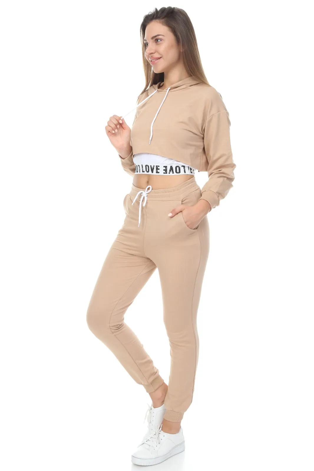 LOVE LOGO HOODIE CROPPED TOP JOGGERS 3 PIECE BEIGE LOUNGE SET