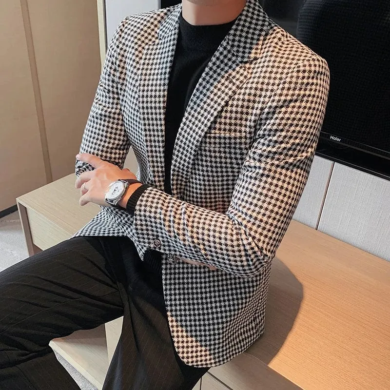 Men’s British Style Slim Fit Houndstooth Blazer – High-Quality Business & Wedding Suit Jacket