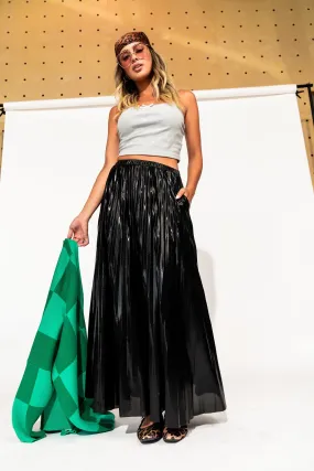 Metallic Pleated Midi Skirt in Midnight Black