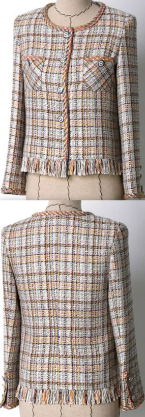 Multi Colored Braided-Trim Fringed Tweed Jacket