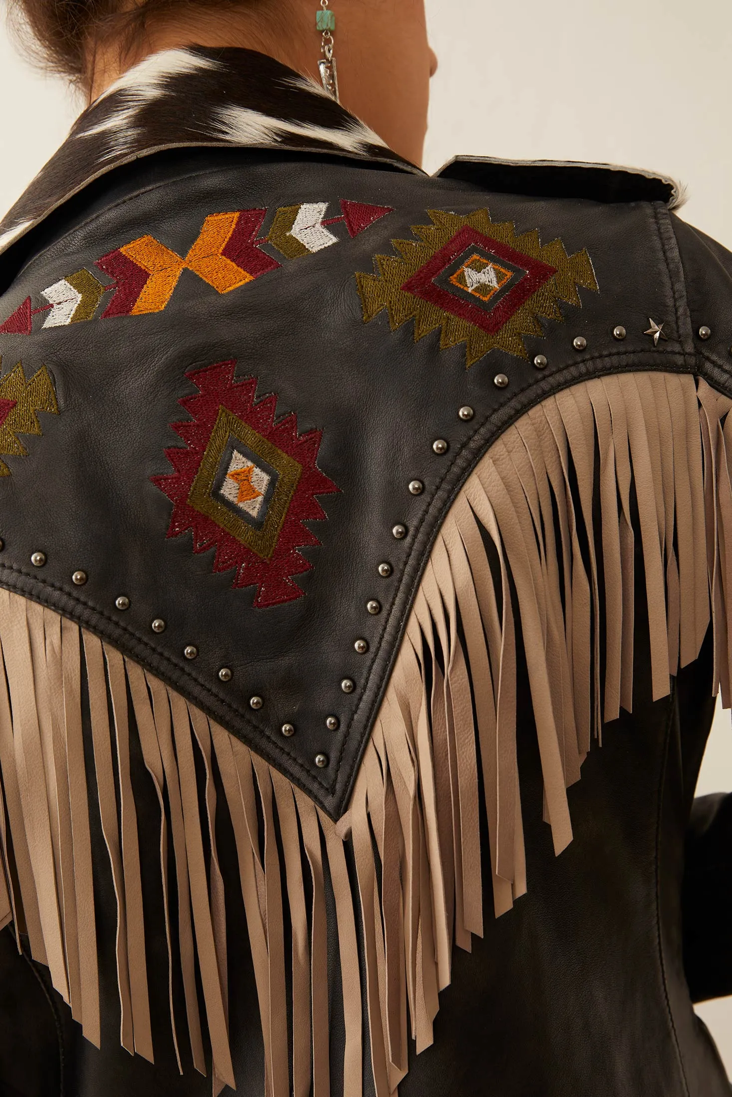 Phoenix Fringed Leather Jacket In Ebony