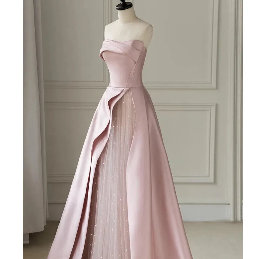 Strapless Pink Satin Long Prom Dress Evening Formal Gown 182