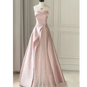 Strapless Pink Satin Long Prom Dress Evening Formal Gown 182