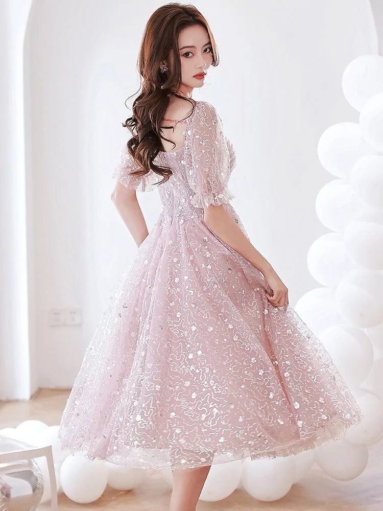 Sweet Pink Homecoming Dress Shiny Princess Formal Party Dress Cute Birthday Gown 543