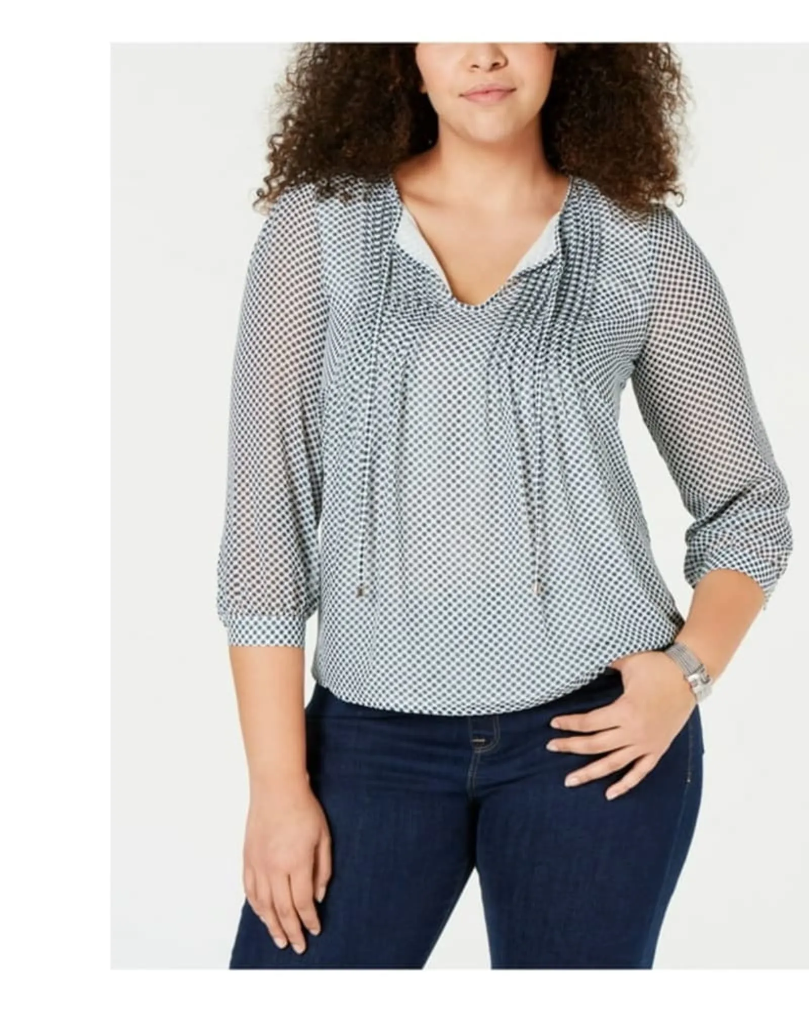 Tommy Hilfiger Women's Plus Polka Dot Tie Front Peasant Top Gray Size 3X | Gray