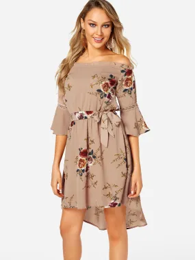 Wholesale Apricot Off The Shoulder Half Sleeve Floral Print Irregular Hem Dresses