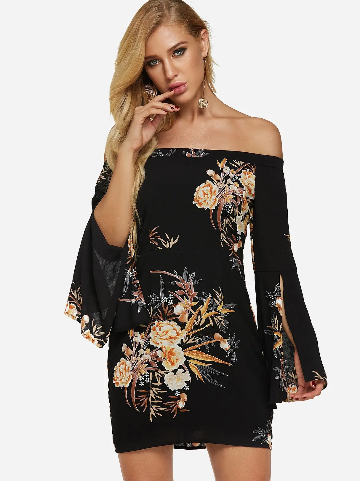 Wholesale Black Off The Shoulder Long Sleeve Floral Print Slit Dresses