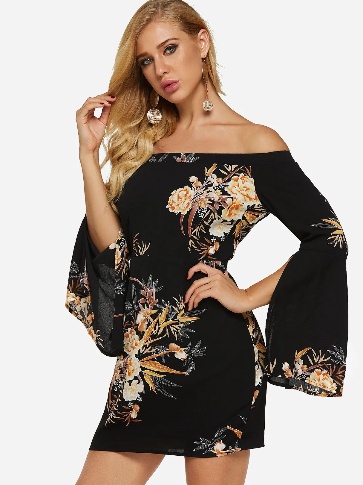 Wholesale Black Off The Shoulder Long Sleeve Floral Print Slit Dresses