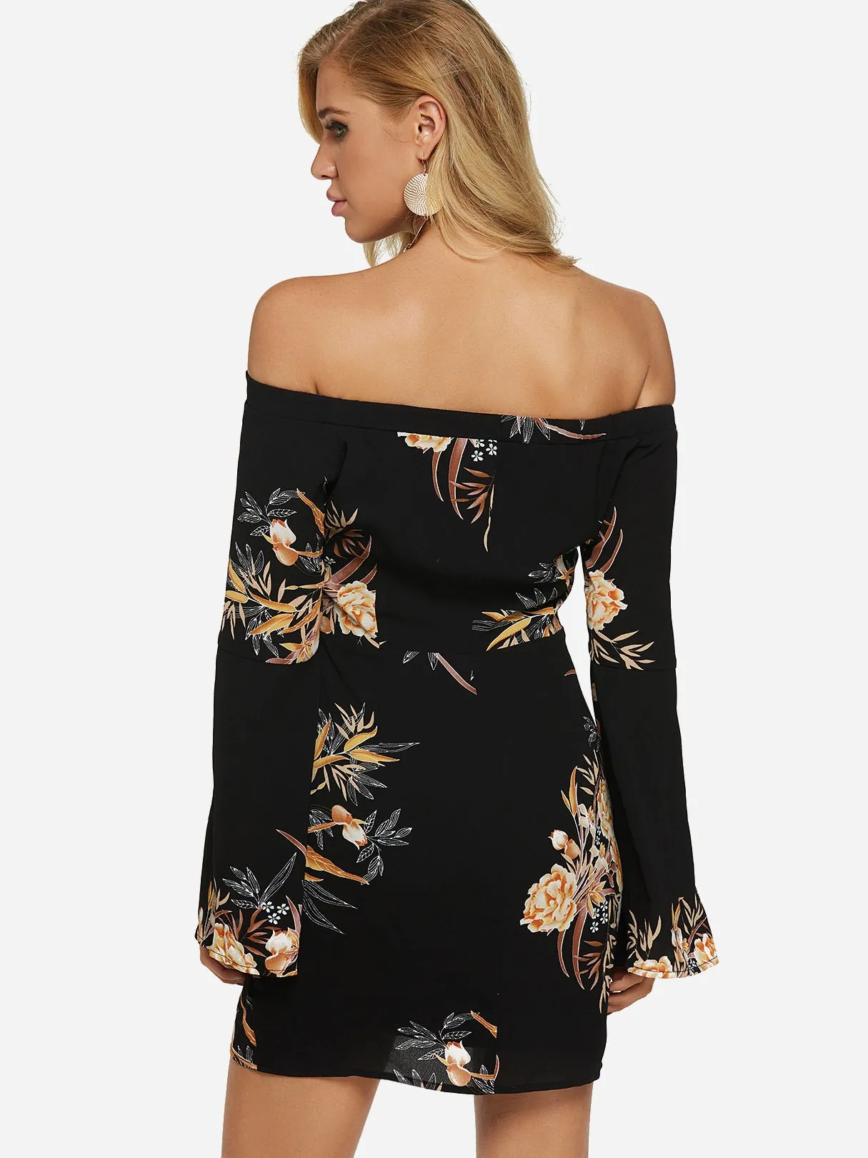 Wholesale Black Off The Shoulder Long Sleeve Floral Print Slit Dresses