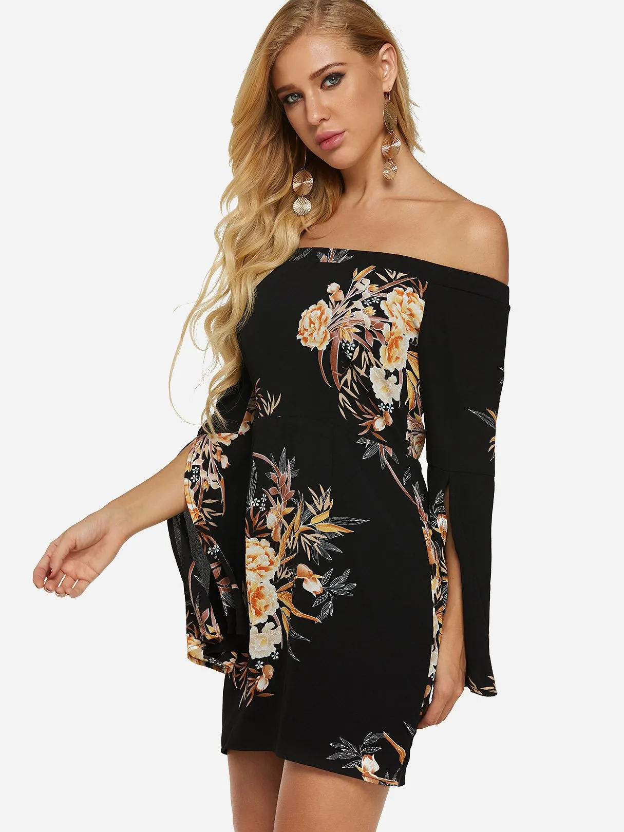 Wholesale Black Off The Shoulder Long Sleeve Floral Print Slit Dresses