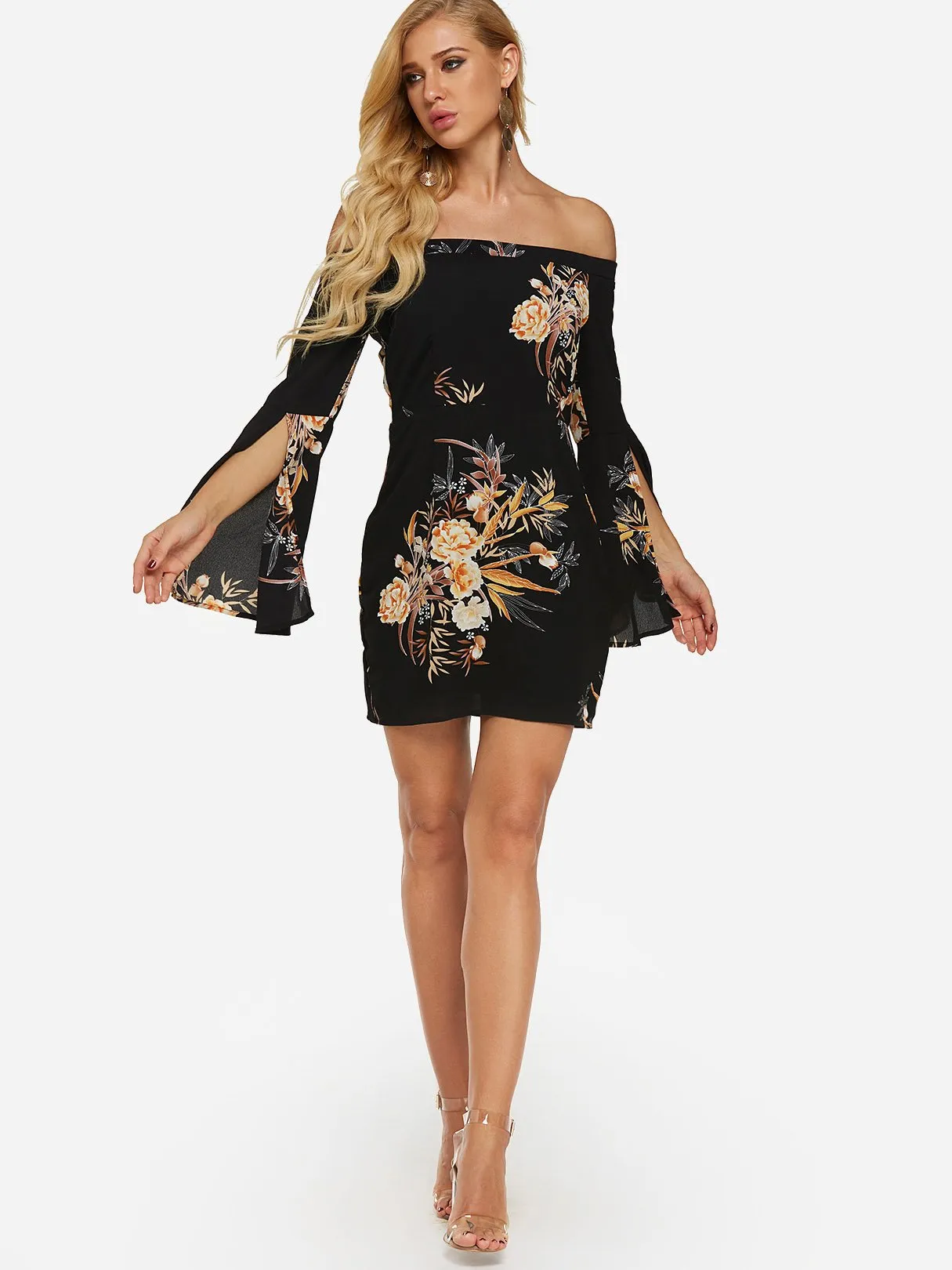 Wholesale Black Off The Shoulder Long Sleeve Floral Print Slit Dresses