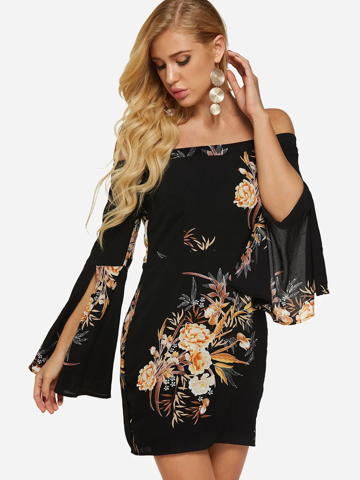 Wholesale Black Off The Shoulder Long Sleeve Floral Print Slit Dresses