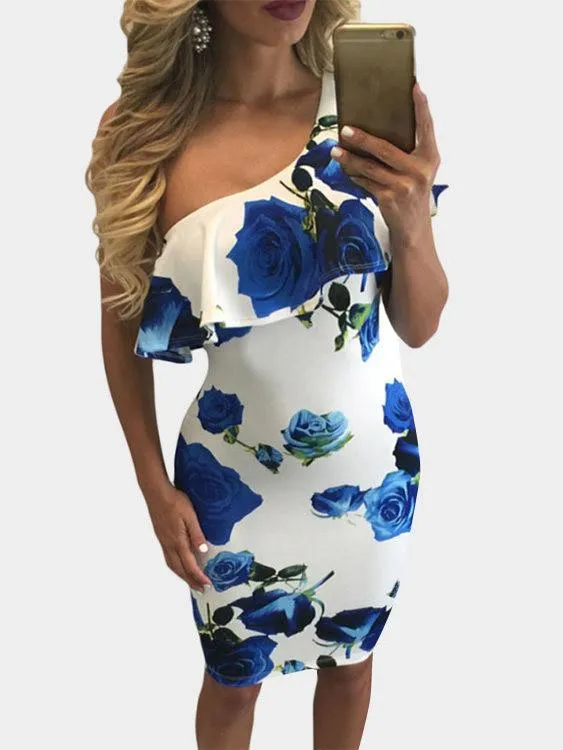 Wholesale Blue One Shoulder Sleeveless Floral Print Tiered Dresses