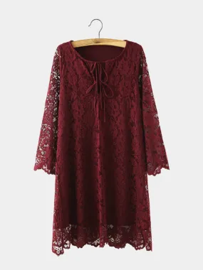 Wholesale Burgundy Round Neck Long Sleeve Embroidered Crochet Lace Embellished Lace-Up Dresses