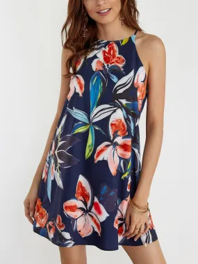 Wholesale Halter Floral Print Sleeveless Curved Hem Dresses