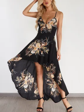 Wholesale Halter Sleeveless Floral Print Backless High-Low Hem Dresses