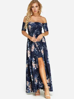 Wholesale Navy Off The Shoulder Half Sleeve Floral Print Slit Hem Dresses