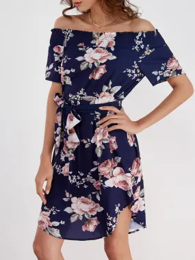 Wholesale Navy Off The Shoulder Short Sleeve Floral Print Curved Hem Dresses